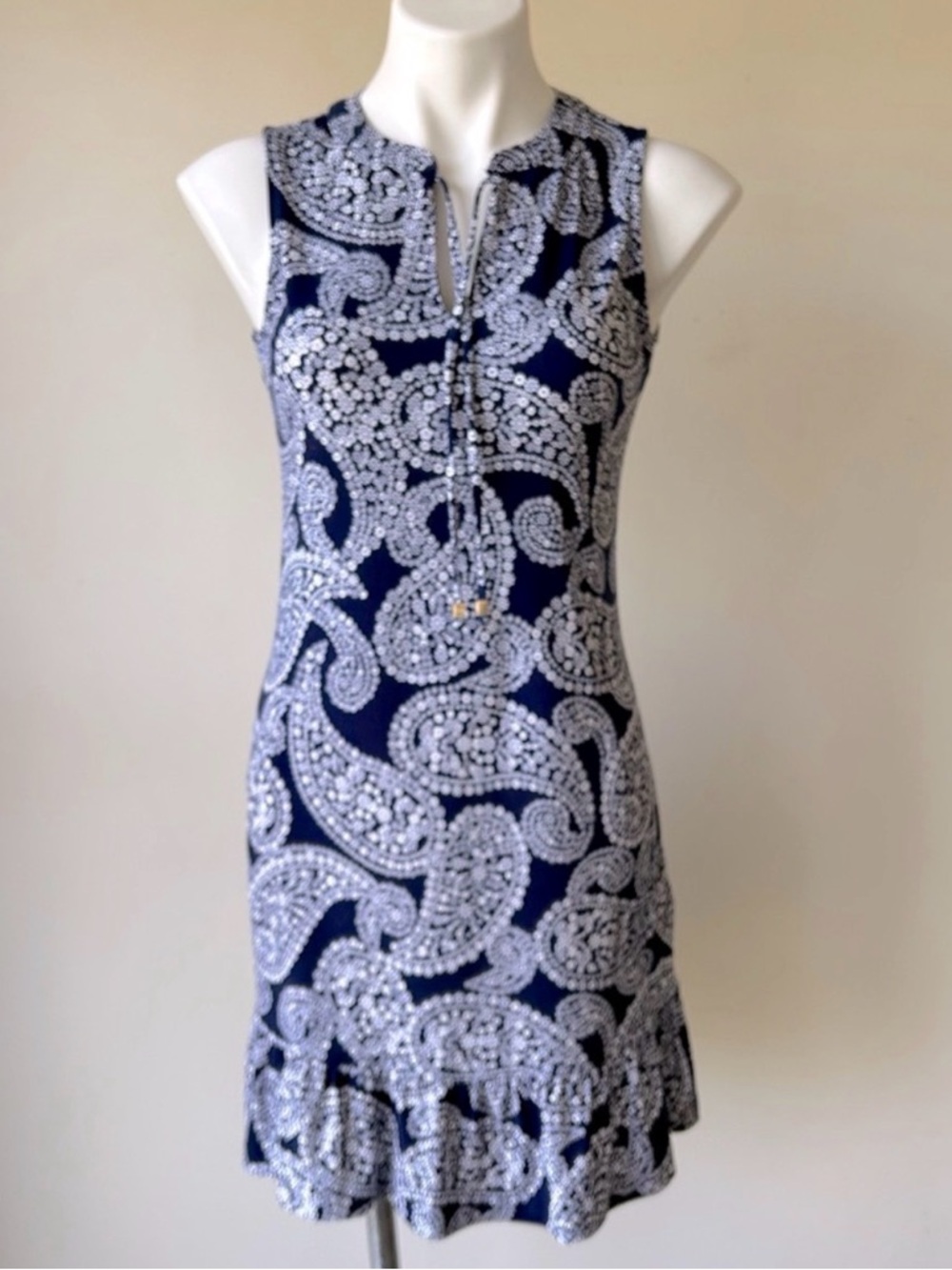 Michael Kors Navy and White Paisley Sleeveless Shift Dress